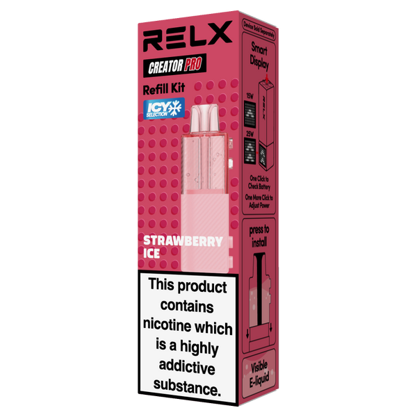 RELX Creator Pod replacement cartridge in Strawberry Ice flavor (18mg/ml nicotine). Single pre-filled pod featuring an innovative 2+8ml high-capacity design for a zesty, long-lasting, and refreshing vaping experience.
