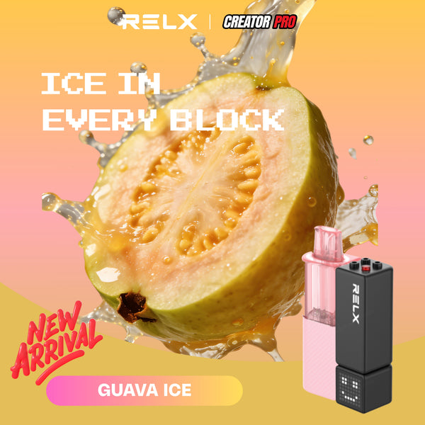 RELX Creator Pod replacement cartridge in Guava Ice (18mg/ml nicotine). Single pre-filled pod featuring the 2+8ml high-capacity design for an icy, crisp, and long-lasting cooling sensation.
