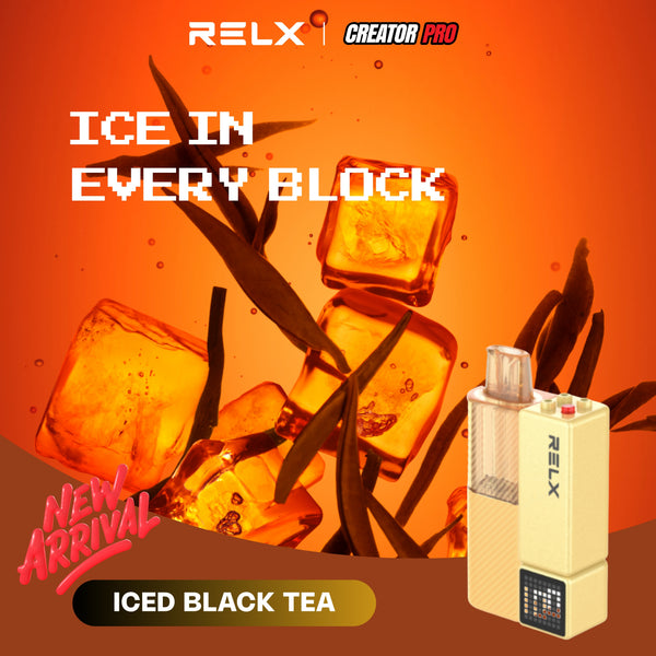 RELX Creator Pod replacement cartridge in Iced Black Tea (18mg/ml nicotine). Single pre-filled pod featuring the 2+8ml high-capacity design for an icy, crisp, and long-lasting cooling sensation.
