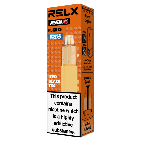 RELX Creator Pod replacement cartridge in Iced Black Tea (18mg/ml nicotine). Single pre-filled pod featuring the 2+8ml high-capacity design for an icy, crisp, and long-lasting cooling sensation.
