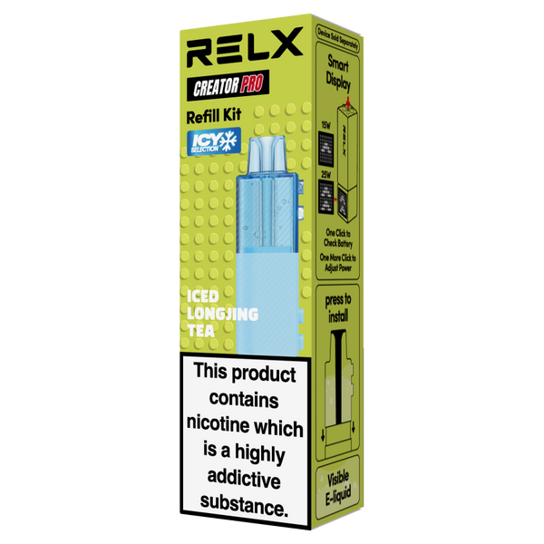 RELX Creator Pod replacement cartridge in Iced Longjing Tea (18mg/ml nicotine). Single pre-filled pod featuring the 2+8ml high-capacity design for an icy, crisp, and long-lasting cooling sensation.
