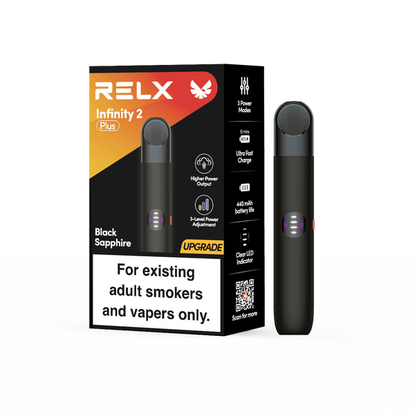Black Sapphire RELX Infinity 2 Plus device showing adjustable power modes and official packaging
