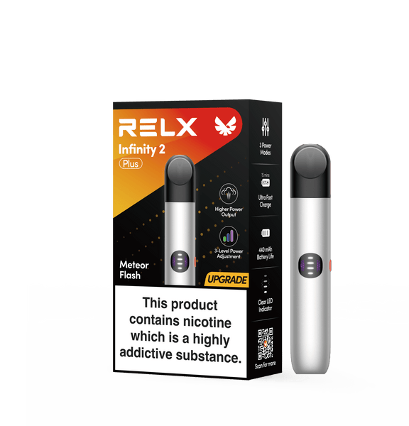 Meteor Flash RELX Infinity 2 Plus vape device with 3 power modes and official packaging
