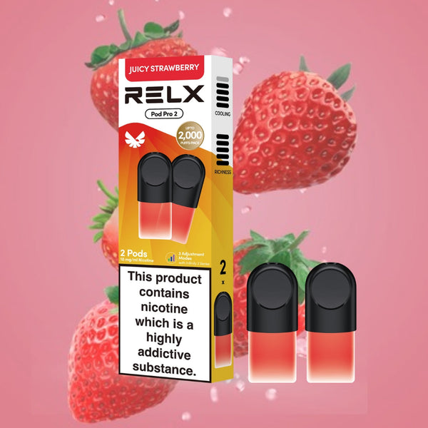 RELX Pod Pro Juicy Strawberry pod close-up image, prefilled vape pod flavor option for RELX Pod Pro devices.
