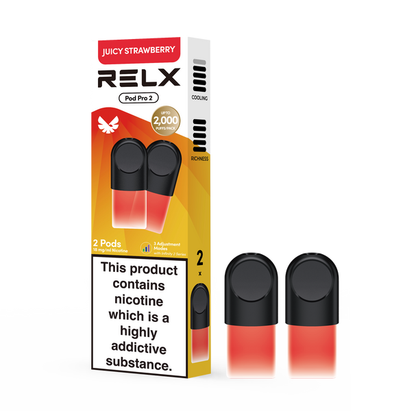 RELX Pod Pro Juicy Strawberry refill vape pods packshot, prefilled pod cartridges with smooth flavor profile.
