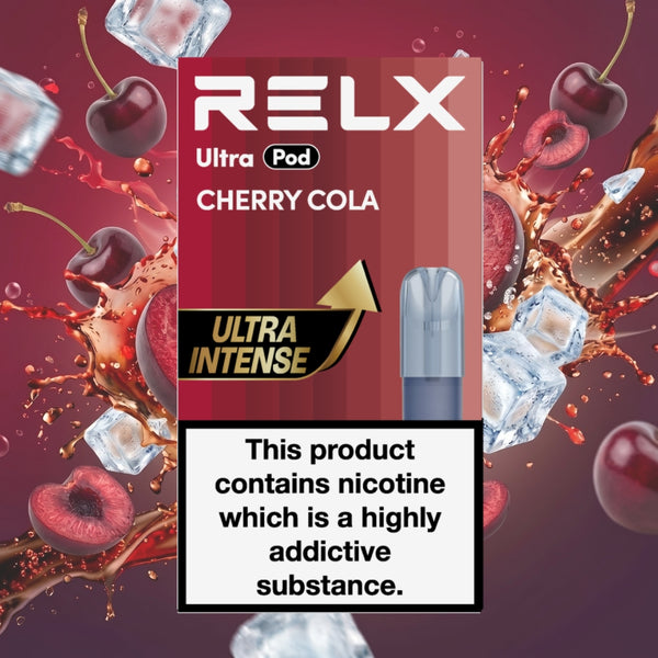Front view of RELX Ultra Pod packaging in Cherry Cola flavor, set against a dynamic background of cola splashes, fresh cherries, and ice cubes.
