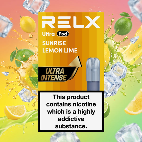 Front view of RELX Ultra Pod packaging in Sunrise Lemon Lime flavor, set against a vibrant background of flying lemons, limes, splashing juice, and ice cubes.
